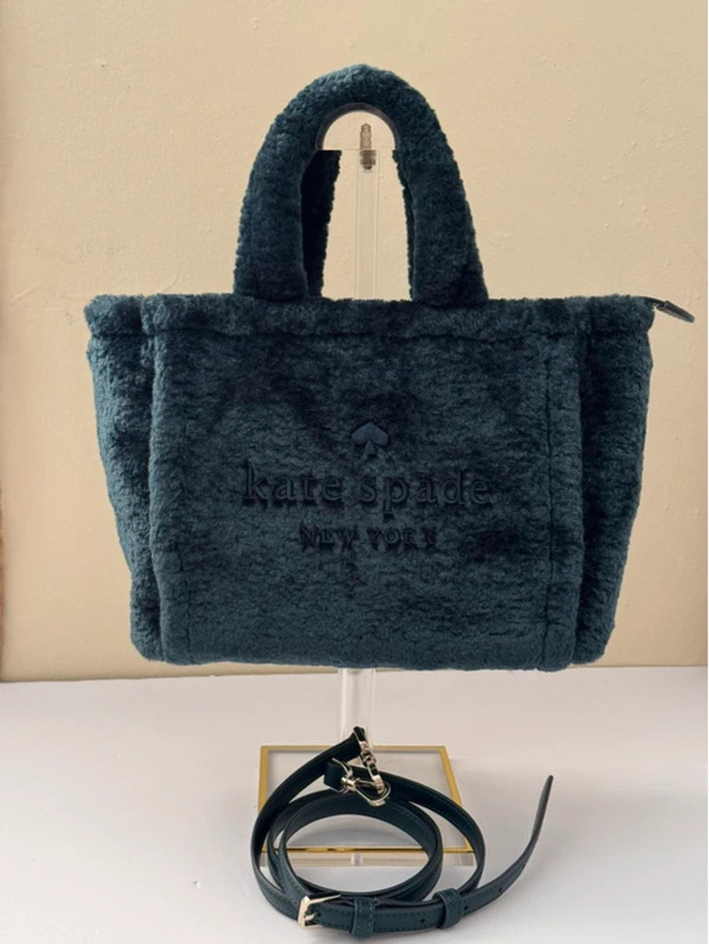 Kate Spade Ella Small Faux Shearling Tote Peacock Sapphire Crossbody K9390